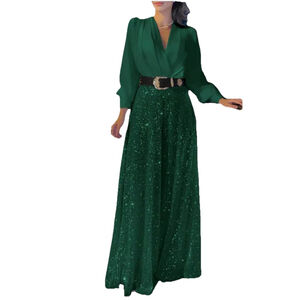 3X 1-piece WideLeg Sequin Palazzo Pant Jumpsuit Emerald Christmas Green NEW